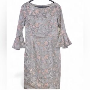 Eliza J Women size 14 Bell Sleeve Gra pink floral lace overlay shift Mid…